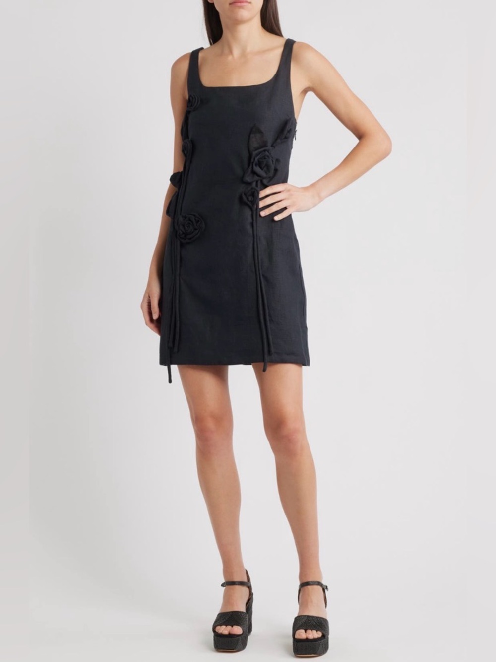 Farm Rio Rosette Linen Minidress in Black Small